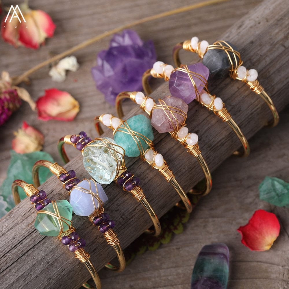 Natural Fluorite Stone Chunky Beads Open Cuff Bangles Women Amethysts Quartz Chip Beads Wire Wrap Gold Copper Bracelet Jewelry - east2cart.uk