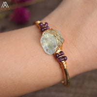 Natural Fluorite Stone Chunky Beads Open Cuff Bangles Women Amethysts Quartz Chip Beads Wire Wrap Gold Copper Bracelet Jewelry - east2cart.uk
