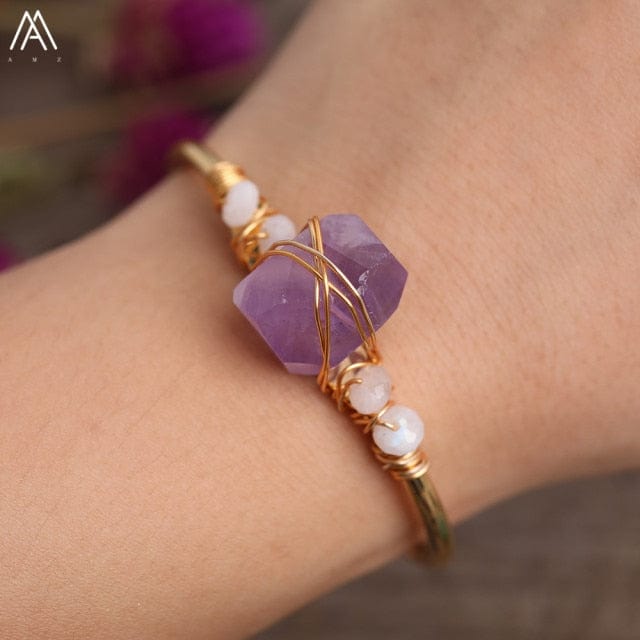 Natural Fluorite Stone Chunky Beads Open Cuff Bangles Women Amethysts Quartz Chip Beads Wire Wrap Gold Copper Bracelet Jewelry - east2cart.uk