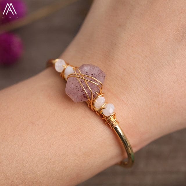 Natural Fluorite Stone Chunky Beads Open Cuff Bangles Women Amethysts Quartz Chip Beads Wire Wrap Gold Copper Bracelet Jewelry - east2cart.uk