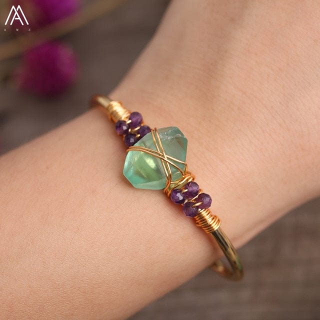 Natural Fluorite Stone Chunky Beads Open Cuff Bangles Women Amethysts Quartz Chip Beads Wire Wrap Gold Copper Bracelet Jewelry - east2cart.uk