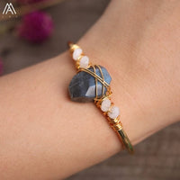 Natural Fluorite Stone Chunky Beads Open Cuff Bangles Women Amethysts Quartz Chip Beads Wire Wrap Gold Copper Bracelet Jewelry - east2cart.uk