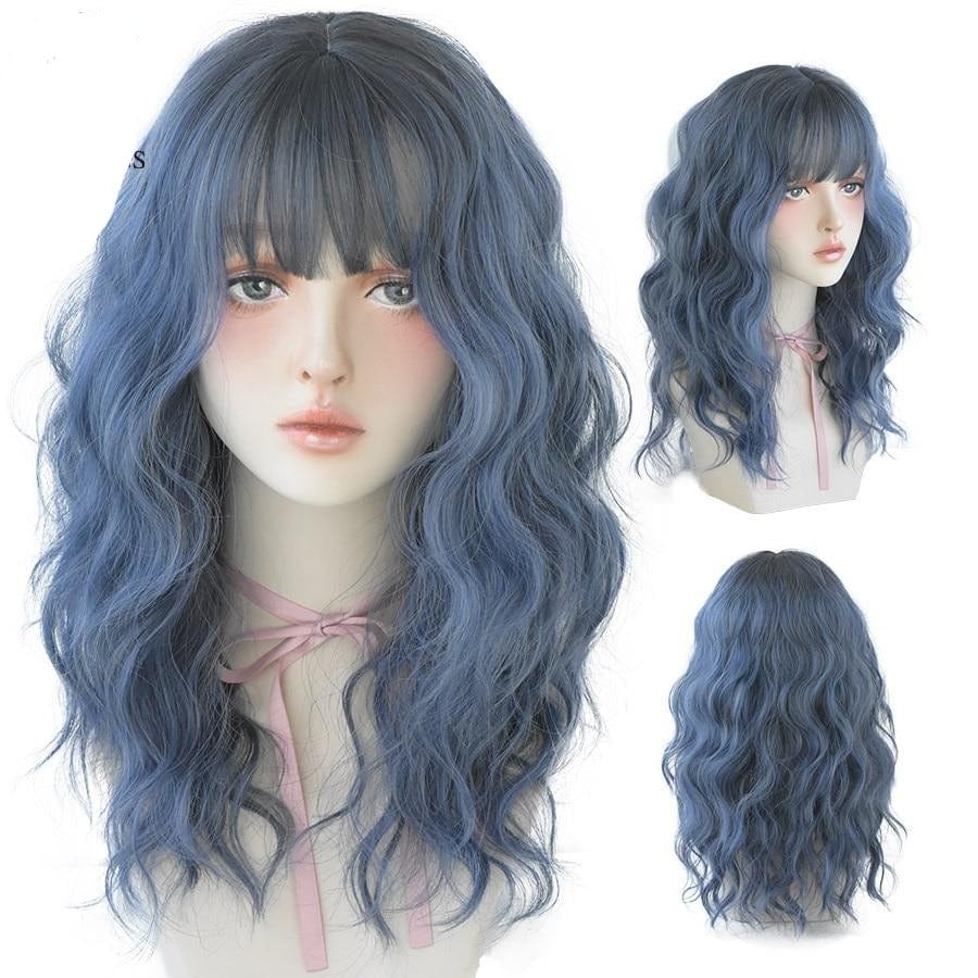 Deep Blue Wave Synthetic Wig With Bangs - east2cart.uk