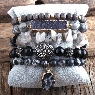 Natural Stone Druse 5pc Bracelets Set - east2cart.uk