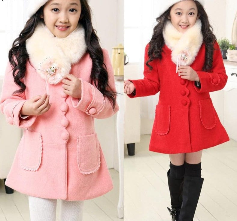 Girl's Fur Collar Long Winter Trench Coat