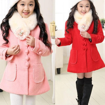 Girl's Fur Collar Long Winter Trench Coat