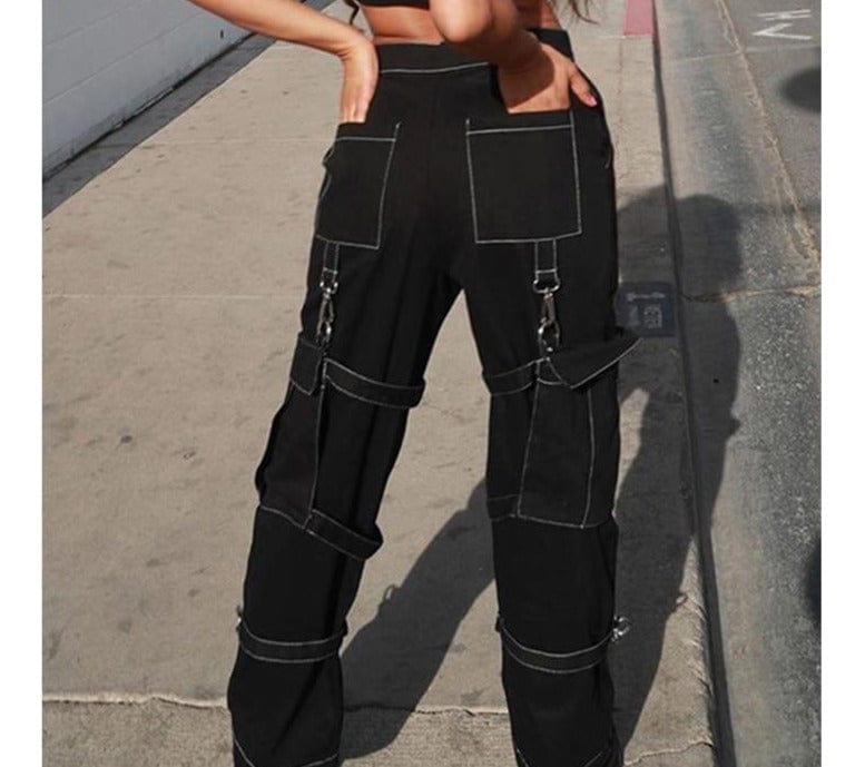 Rockmore High Waist Black Cargo Pants Women Plus Size Ribbon Streetwear Punk Wide Leg Pants Gothic Pockets Streetwear Joggers - east2cart.uk