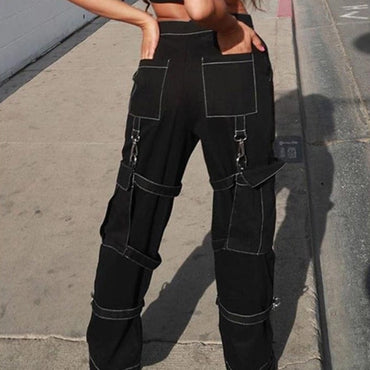 Rockmore High Waist Black Cargo Pants Women Plus Size Ribbon Streetwear Punk Wide Leg Pants Gothic Pockets Streetwear Joggers - east2cart.uk