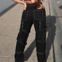 Rockmore High Waist Black Cargo Pants Women Plus Size Ribbon Streetwear Punk Wide Leg Pants Gothic Pockets Streetwear Joggers - east2cart.uk