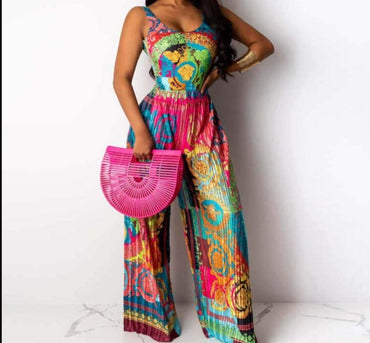 S-3XL Women Sexy V-neck Print Spaghetti Strap Jumpsuits Summer Casual Loose Open Back Sleeveless Floor-length Jumpsuit - east2cart.uk