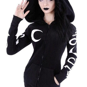 Women Hoodies Gothic Punk Moon Letter Print Sweatshirts 2020 Autumn Winter Long Sleeve Black Jacket Zipper Coat Casual Hoody 5XL - east2cart.uk