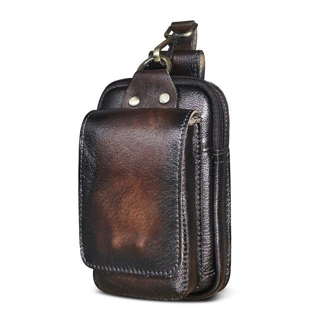 Real Leather men Casual Design Small Waist Bag Cowhide Fashion Hook Bum Bag Waist Belt Pack Cigarette Case 5.5" Phone Pouch 1609 - east2cart.uk