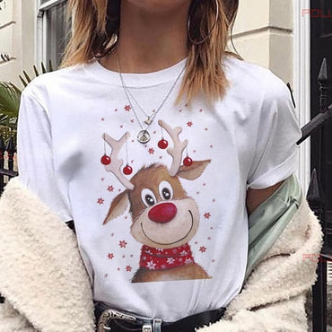 Lovely Deer Santa Printed Christmas T Shirt