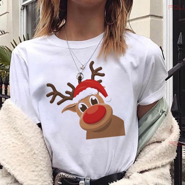 Lovely Deer Santa Printed Christmas T Shirt