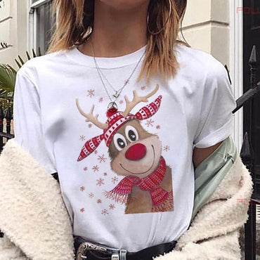 Lovely Deer Santa Printed Christmas T Shirt