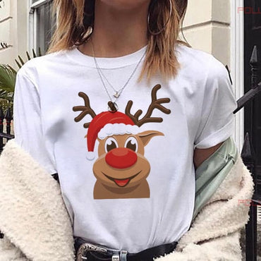 Lovely Deer Santa Printed Christmas T Shirt