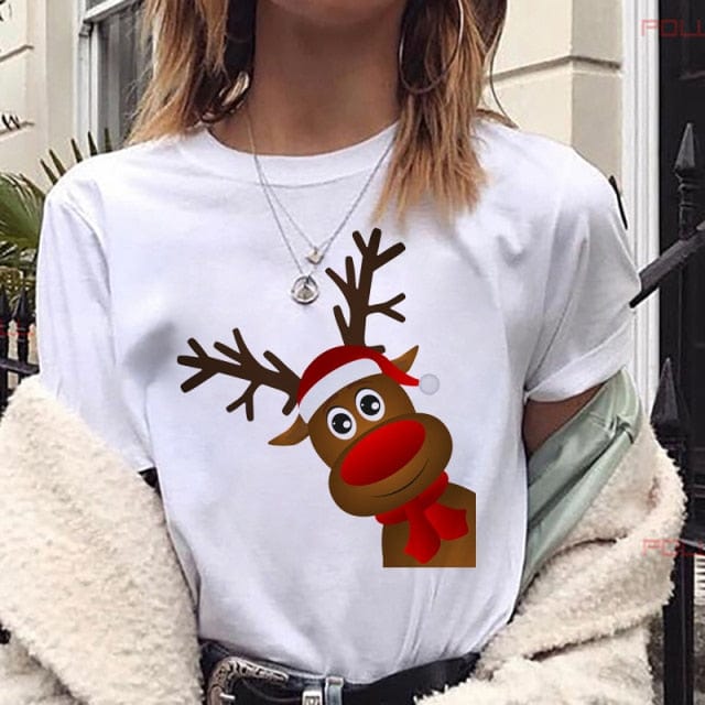 Lovely Deer Santa Printed Christmas T Shirt