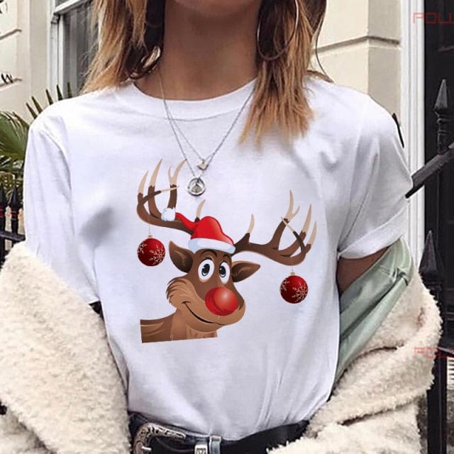 Lovely Deer Santa Printed Christmas T Shirt