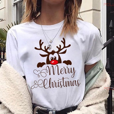 Lovely Deer Santa Printed Christmas T Shirt