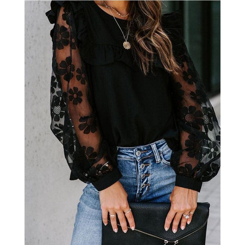 Woman Elegant Mesh Patchwork Blouse Long Sleeve Blouse Black Lace Transparent Flower Lantern Sleeve Pullover Streetwear Shirts - east2cart.uk