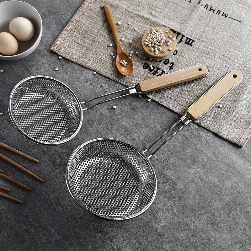 1 pcs wooden handle stainless steel colander strainer - east2cart.uk