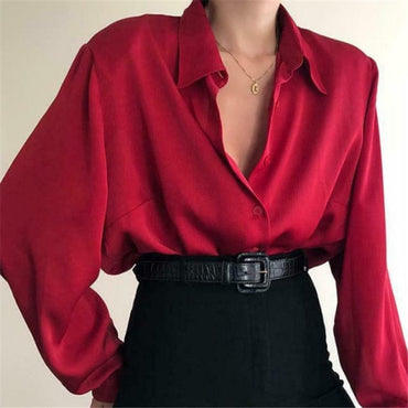 New Fashion Autumn Women Blouse Shirt Lapel Long Sleeve Solid Black Red Ladies Blouse For Women Female Top Clothing - east2cart.uk