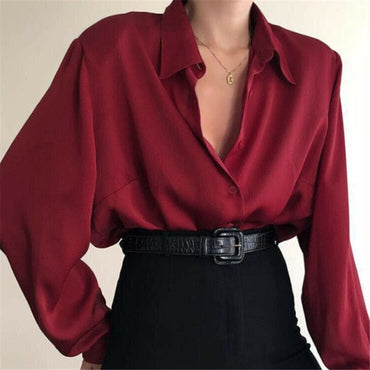 New Fashion Autumn Women Blouse Shirt Lapel Long Sleeve Solid Black Red Ladies Blouse For Women Female Top Clothing - east2cart.uk