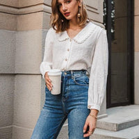 Simplee Elegant white autumn winter women blouse Vintage doll collar long sleeve female shirt New fashion pocket blouse 2020 - east2cart.uk
