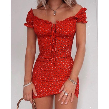 Women Floral Wrap Dress Off Shoulder Tie Up Front Ruffle Mini Dress Summer Office Lady Slash Neck Printed Pencil Dress - east2cart.uk