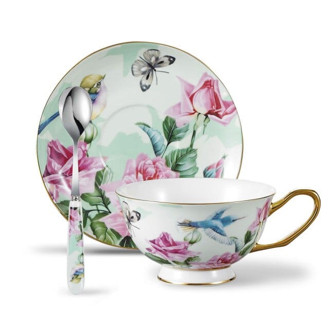 Flower & Bird Pattern Bone China Porcelain Tea Set