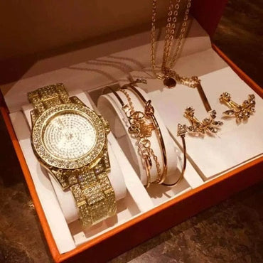 Luxury Watches Set Women Diamond Rhinestone Quartz Watch Creative Leaves Necklace Bracelets Earrings Watch Gifts sets For Women - east2cart.uk