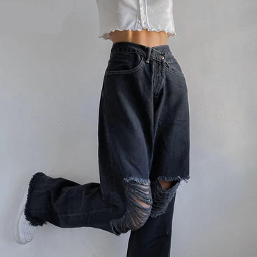 Weekeep y2k Fashion Holes High Waist Jeans Femme Pantalon 90s Vintage Streetwear Loose Korean Trousers Joggers Women Denim Pants - east2cart.uk
