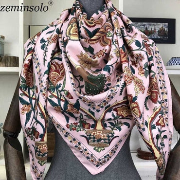 Luxury Brand 100% Twill Silk Scarf Square 130*130cm Scarf Scarves New Design Print Kerchief Women Neck Shawl Wraps Echarpe Hijab - east2cart.uk