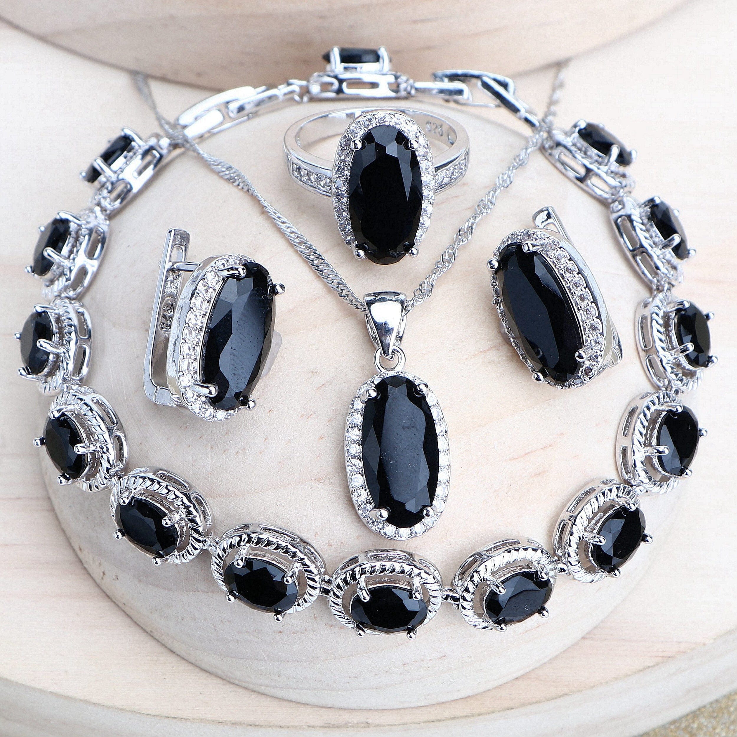 Trendy Women Bridal Jewelry Sets Silver 925 Black Cubic Zirconia Jewellery Wedding Earrings Rings Bracelets Pendant Necklace - east2cart.uk