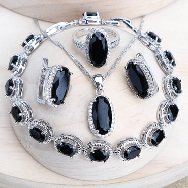 Trendy Women Bridal Jewelry Sets Silver 925 Black Cubic Zirconia Jewellery Wedding Earrings Rings Bracelets Pendant Necklace - east2cart.uk