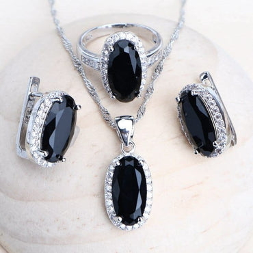 Trendy Women Bridal Jewelry Sets Silver 925 Black Cubic Zirconia Jewellery Wedding Earrings Rings Bracelets Pendant Necklace - east2cart.uk