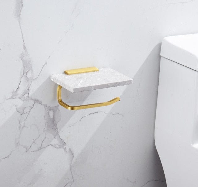 Marble Paper Towel Rack Toilet Paper Holder Wall Hanging Paper Box Cell Phone Shelf Bathroom Accessories Brushed Gold Towel Bar - east2cart.uk