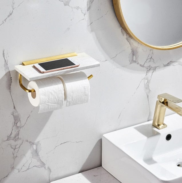 Marble Paper Towel Rack Toilet Paper Holder Wall Hanging Paper Box Cell Phone Shelf Bathroom Accessories Brushed Gold Towel Bar - east2cart.uk