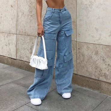 Women 90s Y2K Patchwork Wide Leg Mom Jeans Big Pocket Cargo Pants Vintage Mopping Pants Casual Streetwear Boyfriend Denim Jeans - east2cart.uk