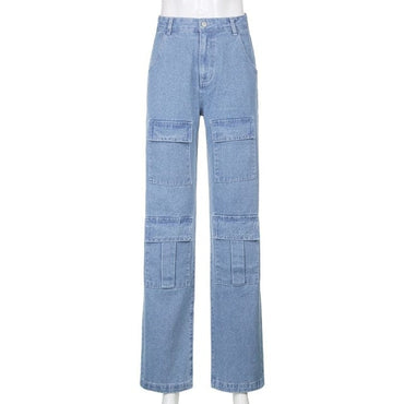 Women 90s Y2K Patchwork Wide Leg Mom Jeans Big Pocket Cargo Pants Vintage Mopping Pants Casual Streetwear Boyfriend Denim Jeans - east2cart.uk