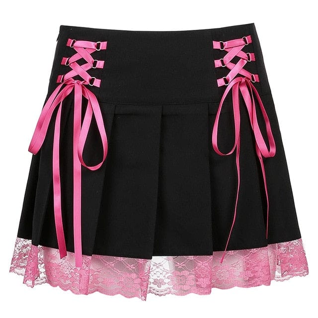 Lace Up Goth Pleated Mini Skirt - east2cart.uk