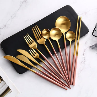 Pink Gold Western Tableware Steak Knife Fork Coffee Spoon Teaspoon Steel Cutlery Set Stainless Steel Home Dinner Dinnerware Set - east2cart.uk