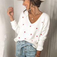 V Neck Heart Embroidery Winter Jumper