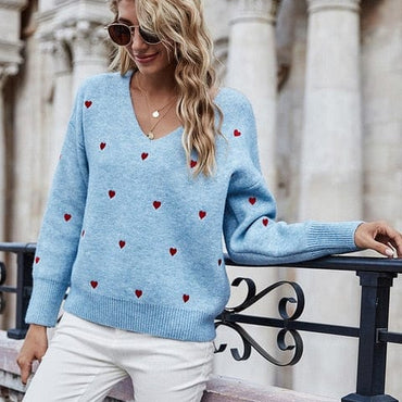 V Neck Heart Embroidery Winter Jumper