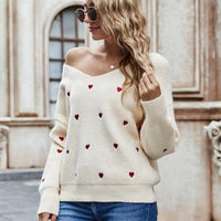 V Neck Heart Embroidery Winter Jumper