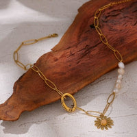 Yhpup Stainless Steel High Quality 18 K Layered Necklace Bohemian Natural Pearl Stone Handmade Statement Gold Necklace Jewelry - east2cart.uk