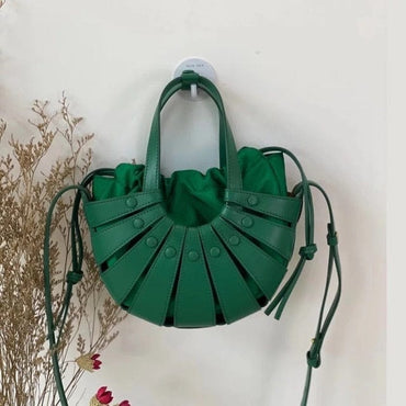 Women Hollow Woven Genuine Leather Handbag Shoulder Messenger Bag Semi Circular Real Leather Personality Top-handle Bag 2021 New - east2cart.uk