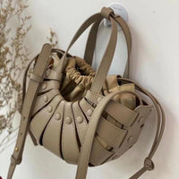 Women Hollow Woven Genuine Leather Handbag Shoulder Messenger Bag Semi Circular Real Leather Personality Top-handle Bag 2021 New - east2cart.uk