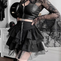 SUCHCUTE Goth Aesthetic Lace Up Mini Skirt For Women Dark Academia Mesh Patchwork A-Line Skirt Punk Style Party Black Saias - east2cart.uk