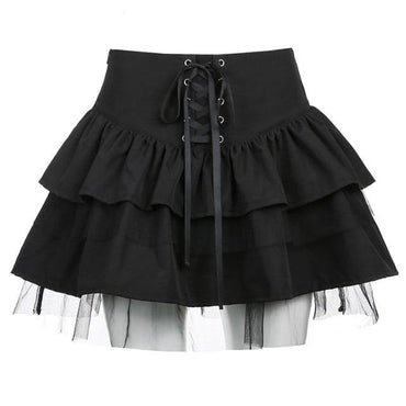 SUCHCUTE Goth Aesthetic Lace Up Mini Skirt For Women Dark Academia Mesh Patchwork A-Line Skirt Punk Style Party Black Saias - east2cart.uk